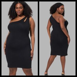 5X 28W Torrid Black Mini Dress Foxy One Shoulder Bodycon Stretch Classic Gothic
